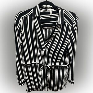 Leith Black Strip Faux Wrap Blouse With Waist Tie M (D1)